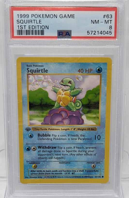 Squirtle 1999 Pokemon TCG Base Set 63/102 Shadowless 1st Edition PSA 8